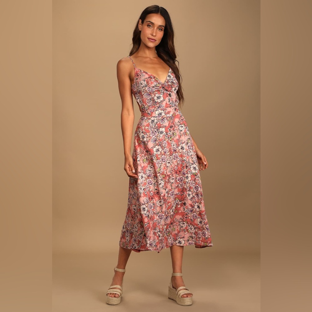Lulus Ties With You Rose Pink Floral Print Tie-Back Midi Dress New - Picture 2 of 5